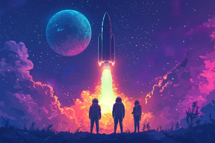 Rocket launching into a star-filled night sky with three astronauts in spacesuits watching from the ground, surrounded by colorful clouds and a large planet in the background.