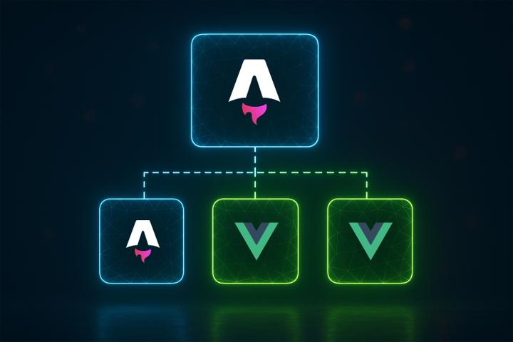 Visual representation of Astro and Vue.js integration. The top glowing node features the Astro logo, branching downward to three child nodes—one with the Astro logo and two with the Vue.js logo—symbolizing client-side routing within an Astro SSR (Server-Side Rendering) app using Vue components. The diagram is styled with neon blue and green outlines on a dark digital background.