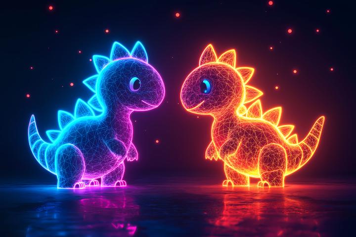 Two cute dinosaur characters in neon blue and orange hues, facing each other in a digital, wireframe style, with glowing lights against a dark background.