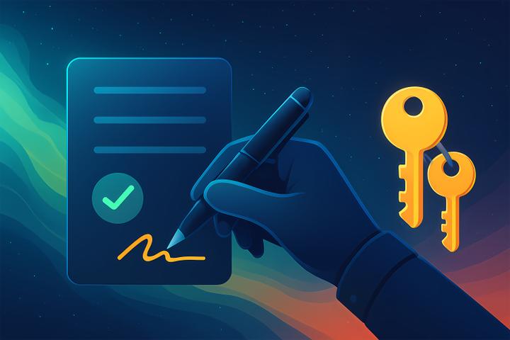 A hand signing a digital document with a checkmark symbol, alongside two golden keys symbolizing digital security or encryption, set against a starry night background with colorful light trails.