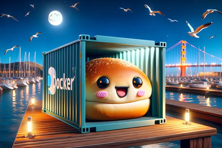A bread bun with a cute, happy face inside a large, teal Docker container. The container is situated on a dock with a serene marina in the background, under a full moon with the Golden Gate Bridge illuminated in the distance. Seagulls are flying in the sky, adding to the calm and picturesque nighttime scene.
