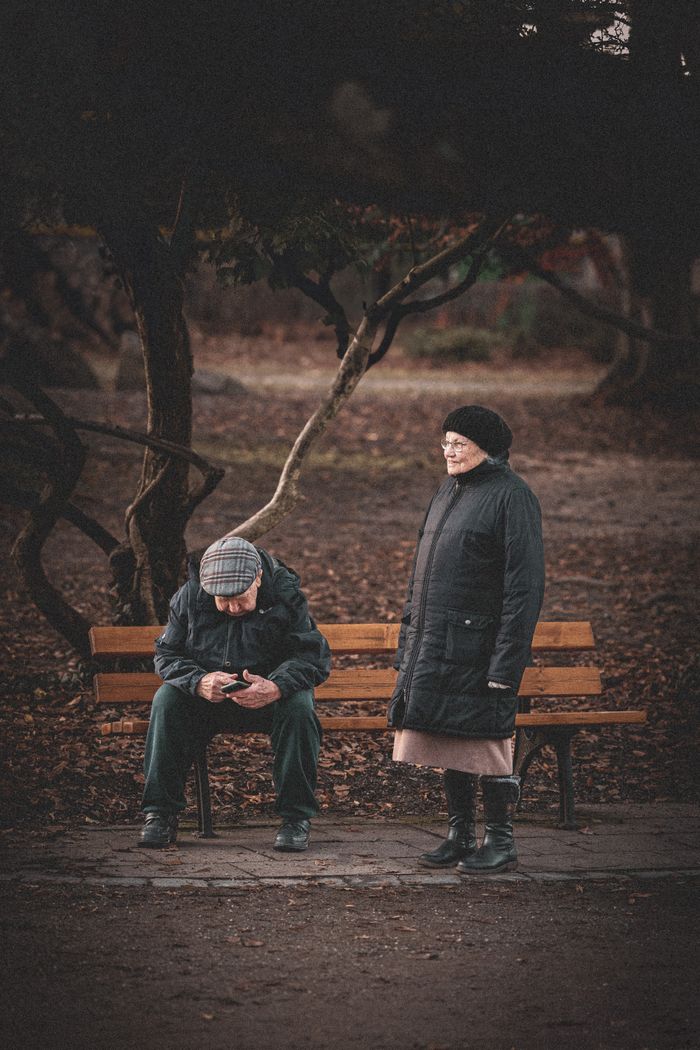 An elderly couple experiences a quiet moment in a park with the man seated on a wooden bench looking at his mobile phone, while the woman stands beside him looking away thoughtfully. A tangle of bare, dark branches creates a moody backdrop, suggesting the late autumn or winter season. The scene conveys a sense of stillness and the complexity of human relationships.