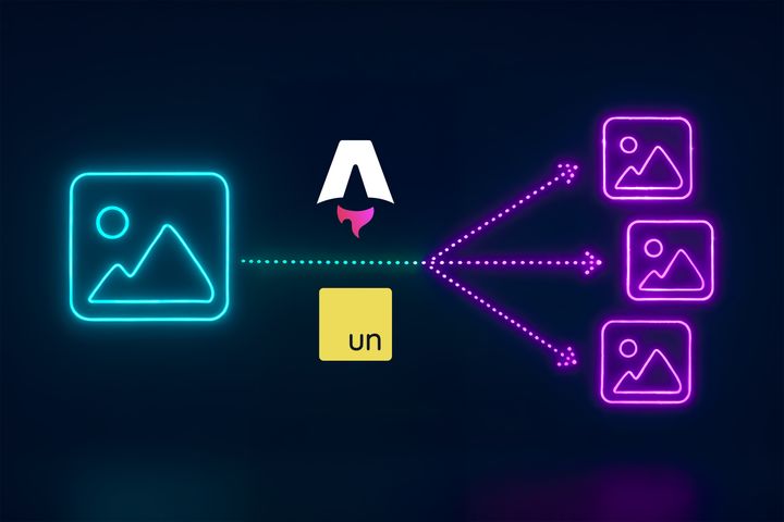 Neon-styled illustration depicting the concept of image optimization: a single image icon on the left, flowing through Astro and UnJS logos in the middle, branching out into multiple optimized image icons on the right, representing the integration of the ipx image proxy as Astro middleware.