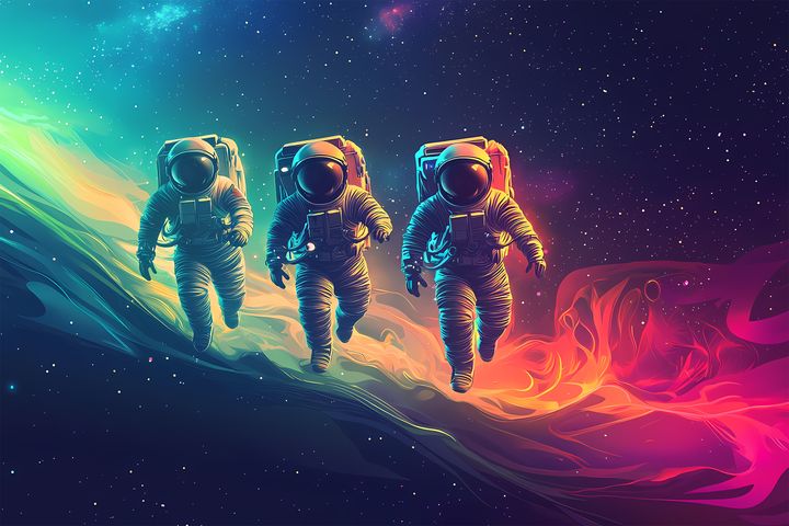 Three astronauts in brightly colored spacesuits walk across a cosmic, rainbow-like path against a vivid space backdrop filled with stars and nebulae, blending hues of blue, green, orange, and pink in a surreal, otherworldly environment.