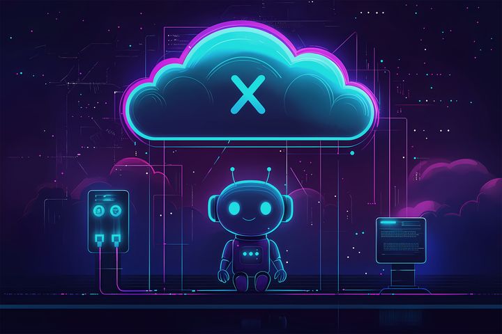 A cute, glowing robot sitting in front of a large cloud icon with an “X” symbol inside it. The robot has a simple design, featuring a round head, antennae, and a friendly smile. It is connected to various devices through neon-lit wires. The overall color scheme is a mix of neon blues and purples, creating a futuristic, digital environment with cloud computing elements.