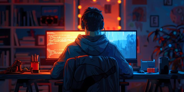 A guy coding at night, sitting on a desk, wearing a hoodie, camera from behind, cartoon, super detailed, ambient lighting (MidJourney v6)