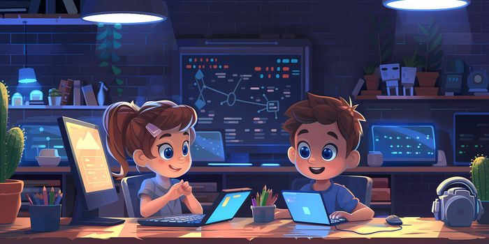 Cute toddler girl and cute baby boy as software engineers in their kids playroom cartoon, flat vector illustration (MidJourney v6)