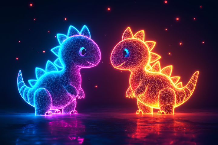 Two cute dinosaur characters in neon blue and orange hues, facing each other in a digital, wireframe style, with glowing lights against a dark background.