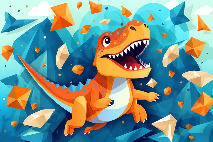 Cute dinosaur, a lot of paper planes flying in mid air, flat vector illustration, orange and blue colors