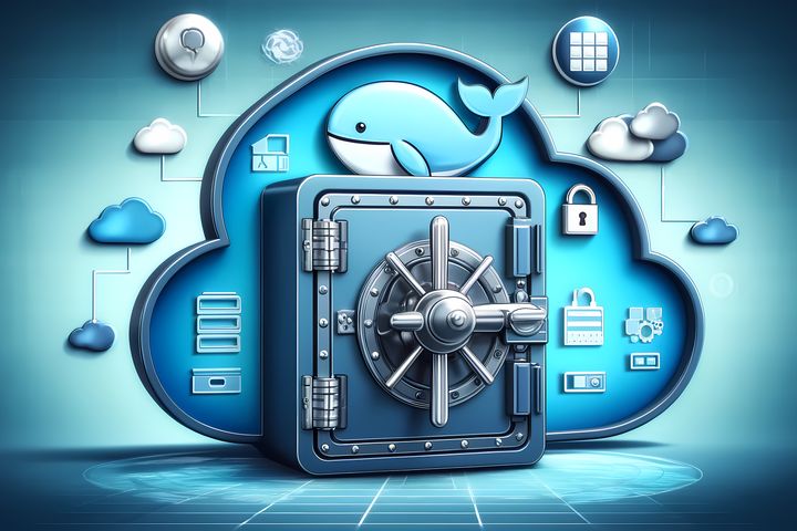 Depicting the concept of Docker secrets. In the foreground, there is a secure digital vault with a combination lock, symbolizing security. A whale, representing Docker, is positioned above the vault. Surrounding the vault are various cloud icons and security-related symbols, illustrating cloud-based security and data protection.