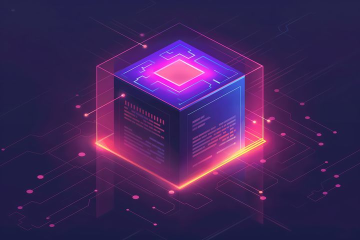 A glowing, futuristic tech cube with a microchip at its core, surrounded by a geometric patterned background suggesting connectivity and advanced technology