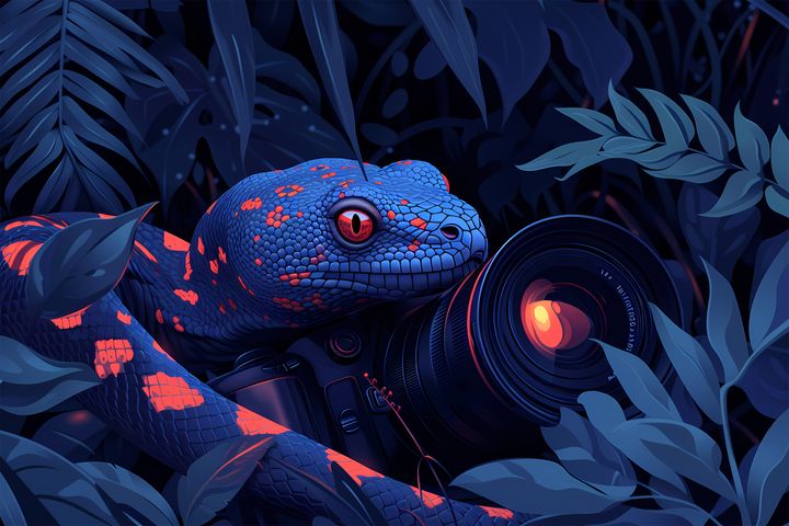 A vividly colored blue snake with orange accents is coiled around a black camera amidst a dense jungle setting. The leaves surrounding the scene are dark with light blue highlights. The snake's scales are detailed and it has a focused gaze directed towards the camera lens, which is reflecting a warm orange light.
