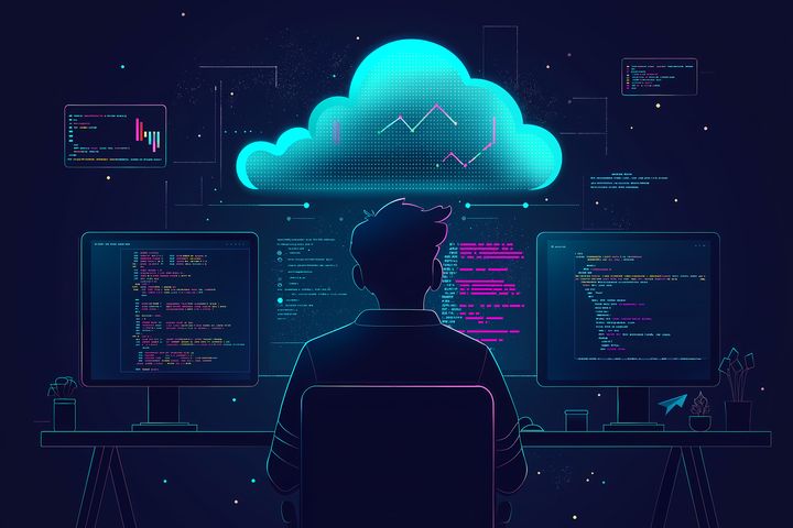 A silhouette of a person sitting at a desk with three monitors displaying code and graphs. Above them, a glowing digital cloud hovers, symbolizing cloud computing, with connected lines and data points. The scene is set against a dark background with neon colors, suggesting a focus on technology and data infrastructure.