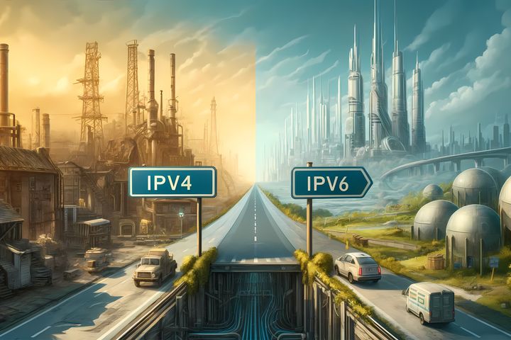 A road split between two contrasting landscapes: an old, industrial area labeled "IPv4" and a modern, futuristic city marked "IPv6," visually representing the evolution from IPv4 to IPv6-only web servers.