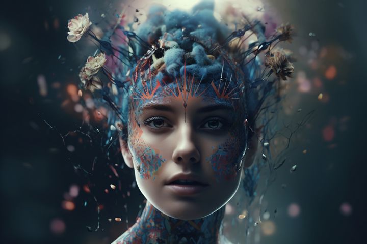 A girl with flowers on her head with blue hair, in the style of futuristic, sci-fi elements, realistic with impressionistic colors, nature-inspired imagery