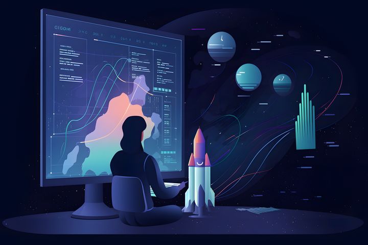 Vector art of a website user statistics chart in a space environment with a rocket going to the moon.