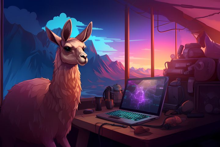 A Vicuna standing next to a computer screen with mountains in the background.