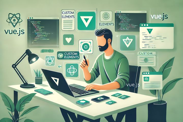 A developer coding Vue.js Custom Elements at a desk with multiple screens displaying Vue.js icons and code snippets.