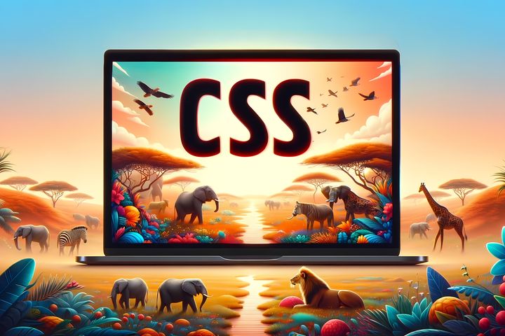 A laptop screen with the letters "CSS" displayed prominently. The screen blends into a colorful safari landscape featuring various animals like elephants, giraffes, zebras, and lions. The background includes an expansive, sunlit savannah with acacia trees, birds in the sky, and lush plants in the foreground, symbolizing the beauty and richness of new CSS features in Safari 18.