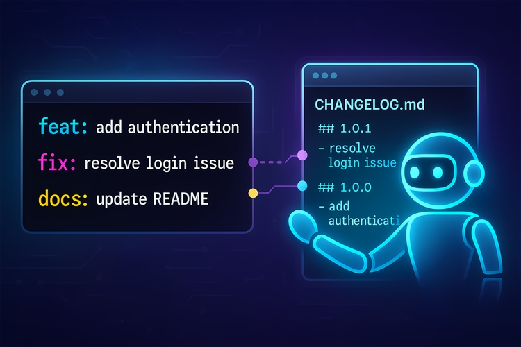 Split screen showing a terminal window on the left with colorful conventional commit messages (feat, fix, docs) connected by dotted lines to a CHANGELOG.md file on the right, with a glowing cyan AI robot assistant automating the transformation on a dark blue-purple gradient background.