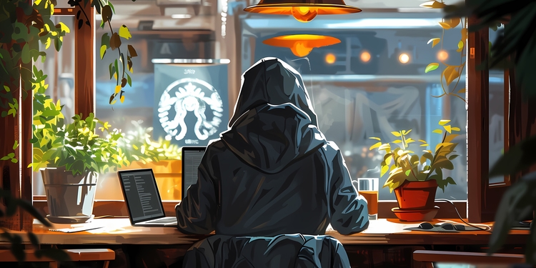 A guy from behind sitting at a Starbucks at day with a laptop and drinking a coffee. He is coding software and is wearing a hoodie. You can't see his face. The light is ambient and the details are super realistic and everything is much detailed. Make it cartoon style and bright. (MidJourney v6)