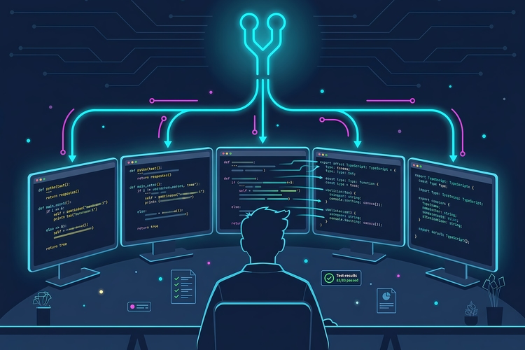 A developer sits in front of five monitors connected by glowing neon circuit lines branching from a central fork node. Left screens show Python code, right screens show TypeScript. A badge at the bottom reads 83/83 tests passed.