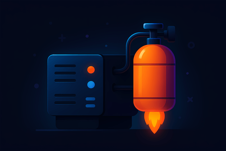 A web server connected to a glowing orange nitro tank. The server has blue and orange indicator lights, while the nitro tank emits a small flame at the bottom. Neon accents and subtle abstract shapes float in the deep, dark background, giving the scene a futuristic, high-energy look.