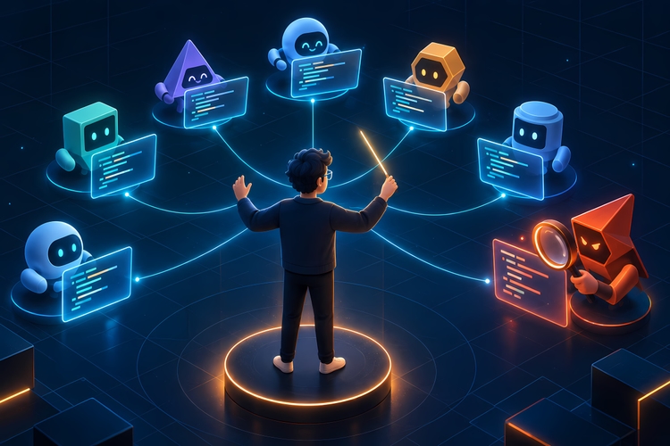 A developer seen from behind stands on a glowing orange platform, raising a conductor baton. Around them, six friendly robots in different shapes and colors work on floating code panels connected to the developer by glowing blue lines. In the bottom right corner, a hooded orange figure inspects code through a magnifying glass.