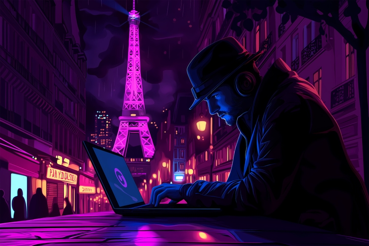 A man in a hat and headphones types on a laptop at night in Paris, with a glowing pink Eiffel Tower in the background. The scene has a cyberpunk aesthetic.
